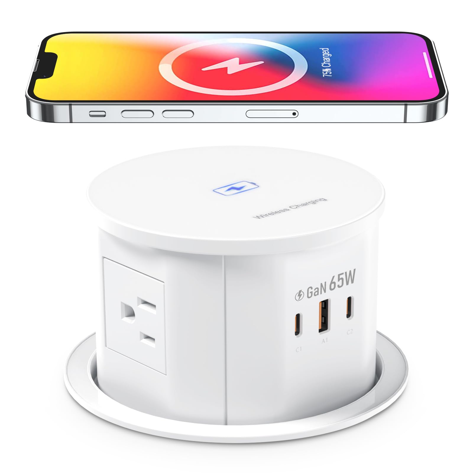 Pop up Outlet for Countertop with 15W Wireless Charger,65W USB C Charging Station,4 Outlets,2 USB C,USB A,Tamper Resistant Receptacle,4.7-inch Hole Power Grommet,Desk Recessed Outlet,White