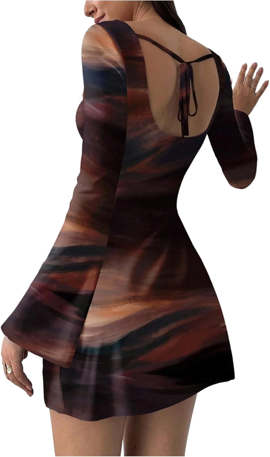 Women's Tie Dye Mini Dress Mesh Tie Back Crew Neck Long Sleeve Fitted Evening Party Going Out Dresses