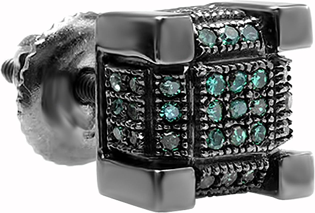 Dazzlingrock Collection 0.12 Ctw Natural Round Blue Diamond 7mm Cube Hip Hop Stud (1Pc Only) in Black Plated Sterling Silver, Screw Back,Unisex Design Ladies,Mens Real Diamond Earrings