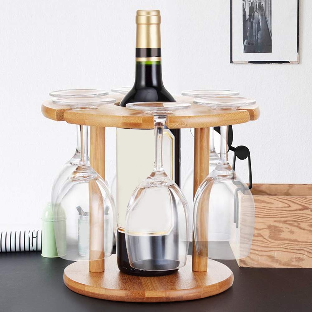 Wine Glass Rack, Wooden Wine Glass Drying Rack and Bottle Holder Holds One Bottle and 6 Glasses for Home Bar Countertop