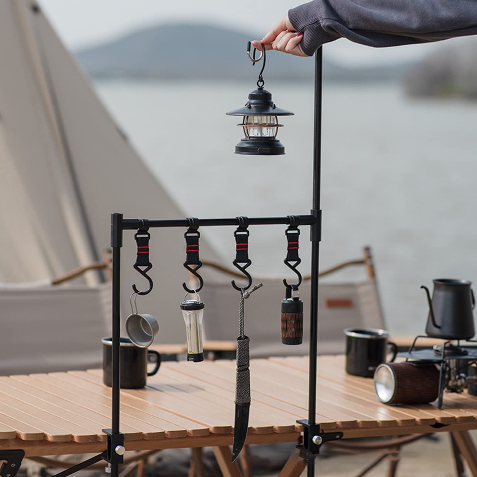 Suspendu de Camping, de Lampe de Camping, étagère Pliante pour ustensiles de Cuisine avec Crochets pour la pêche, Pique-Nique, Barbecue, Organisateur d ' ustensiles de Cuisine