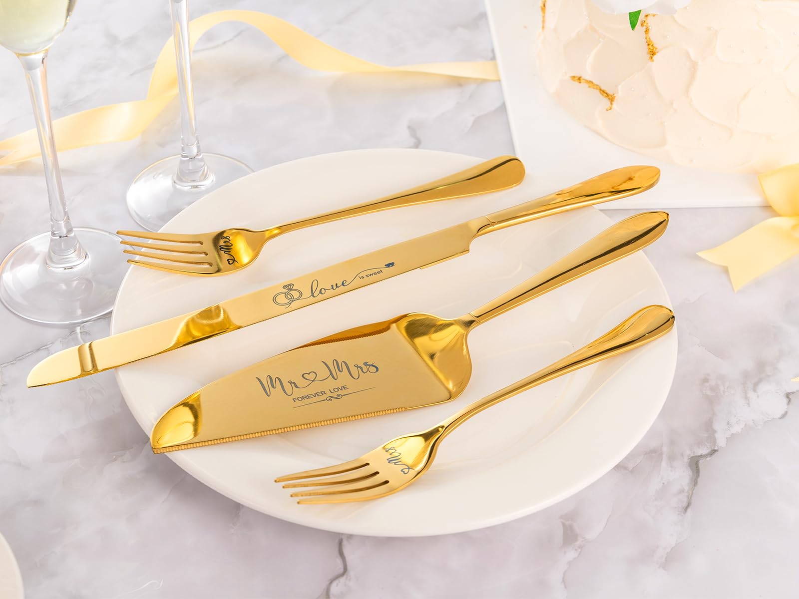 Juego de 6 copas de champán de boda con cuchillo para tartas y servidor, regalos de boda para novia y novio, regalos de compromiso para despedida de soltera (dorado)