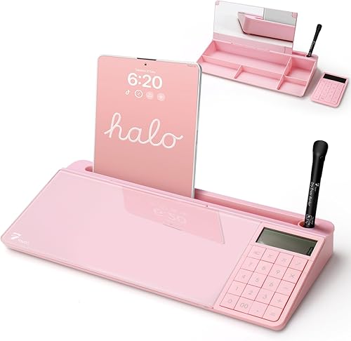 TOWON Pizarra blanca de escritorio rosa con espejo y calculadora básica, organizadores de escritorio con accesorios para oficina, hogar, suministros