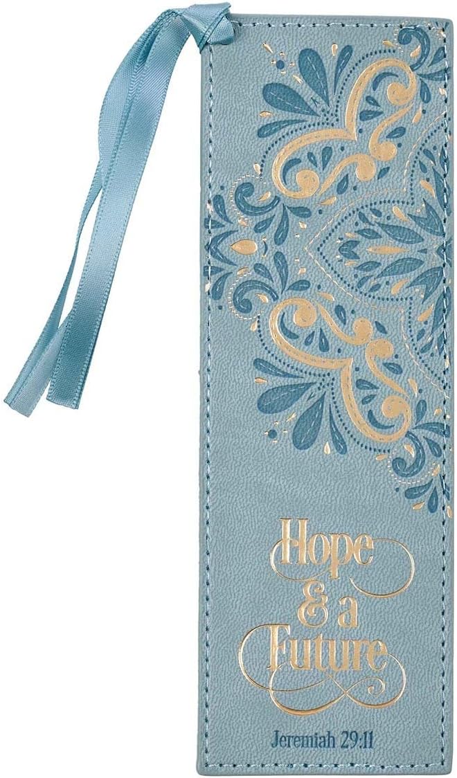 Christian Art Gifts Blue Faux Leather Bookmark | Hope and A Future - Jeremiah 29:11 Bible Verse Inspirational Bookmark for Women w/Satin Ribbon Tassel
