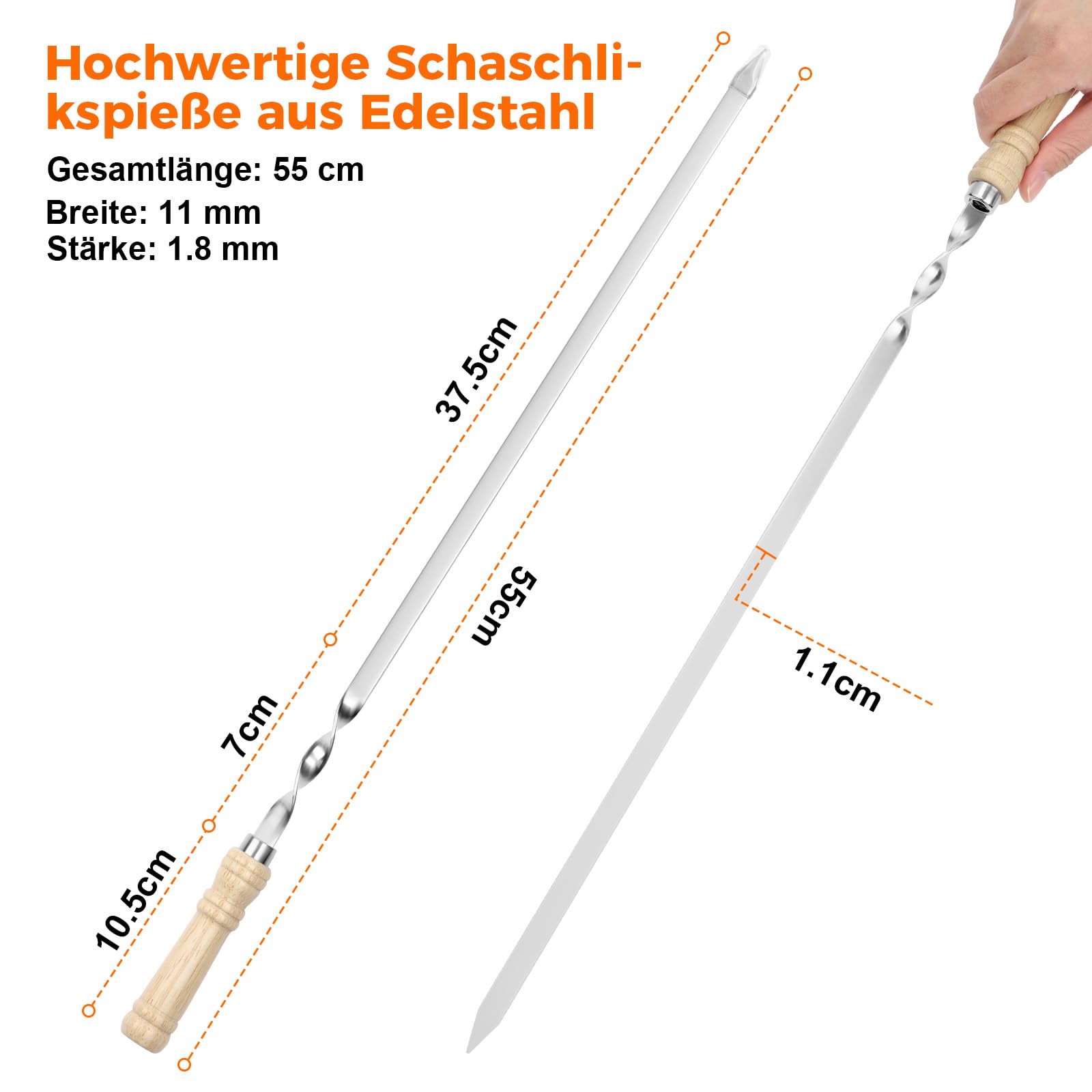 Spiedini per barbecue in acciaio inox, riutilizzabili, 10 spiedini per shish kebab in acciaio inox, piatti lunghi con manico in legno, per carne, verdure, kebab (55 cm di lunghezza)