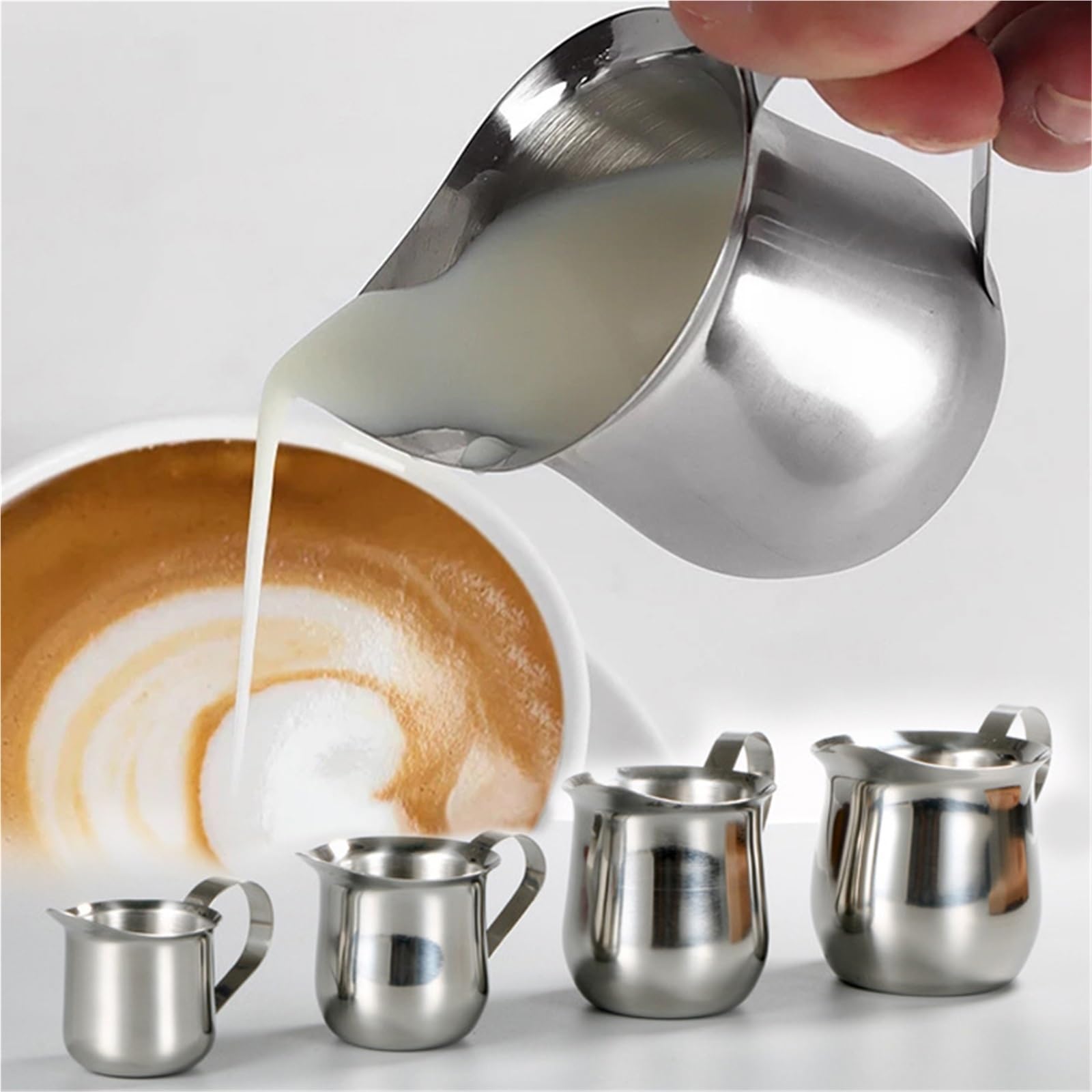 Jarra de espuma leche en forma campana pequeña acero inoxidable, jarra jarro for Barista, capuchino, café expreso, 2 uds Para Espumar(90ml)