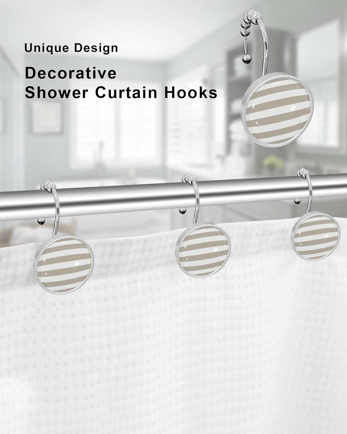 Shower Curtain Hooks Set of 12 Beige and White Stripe Crystal Glass Shower Curtain Rings for Bathroom Decorative Stainless Steel Rust Proof Roller Shower Curtain Hangers