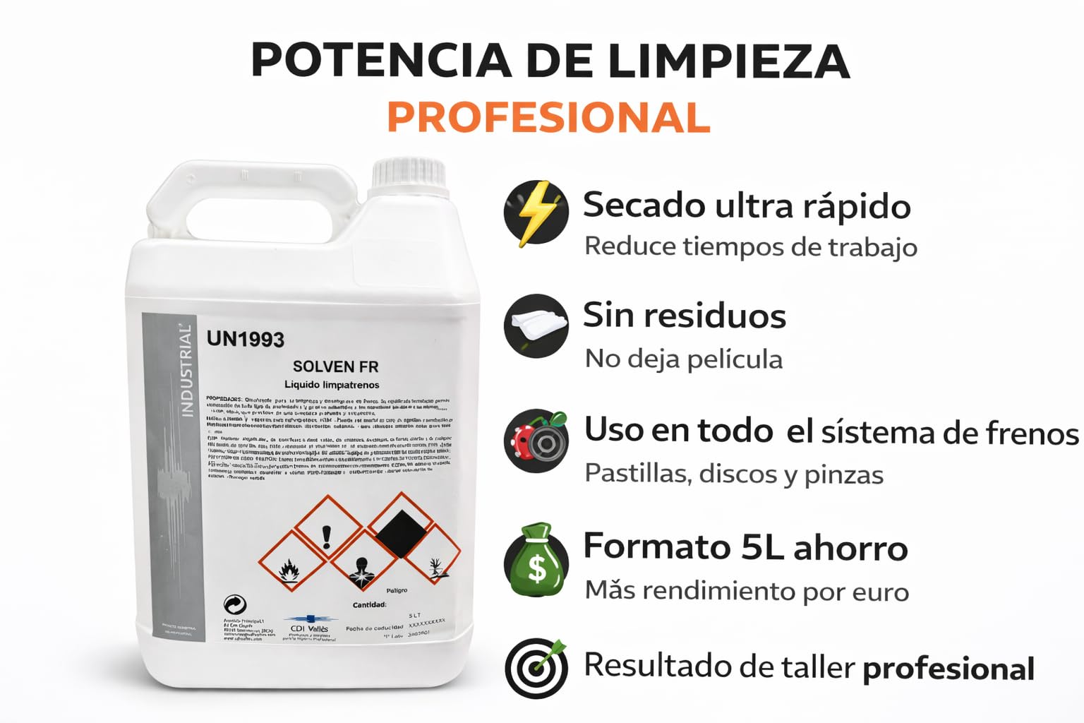 SOLVEN FR Limpiador de Frenos Profesional 5L – Desengrasante Industrial para Pastillas y Discos – Secado Rápido sin Residuos – Uso Automoción y Taller
