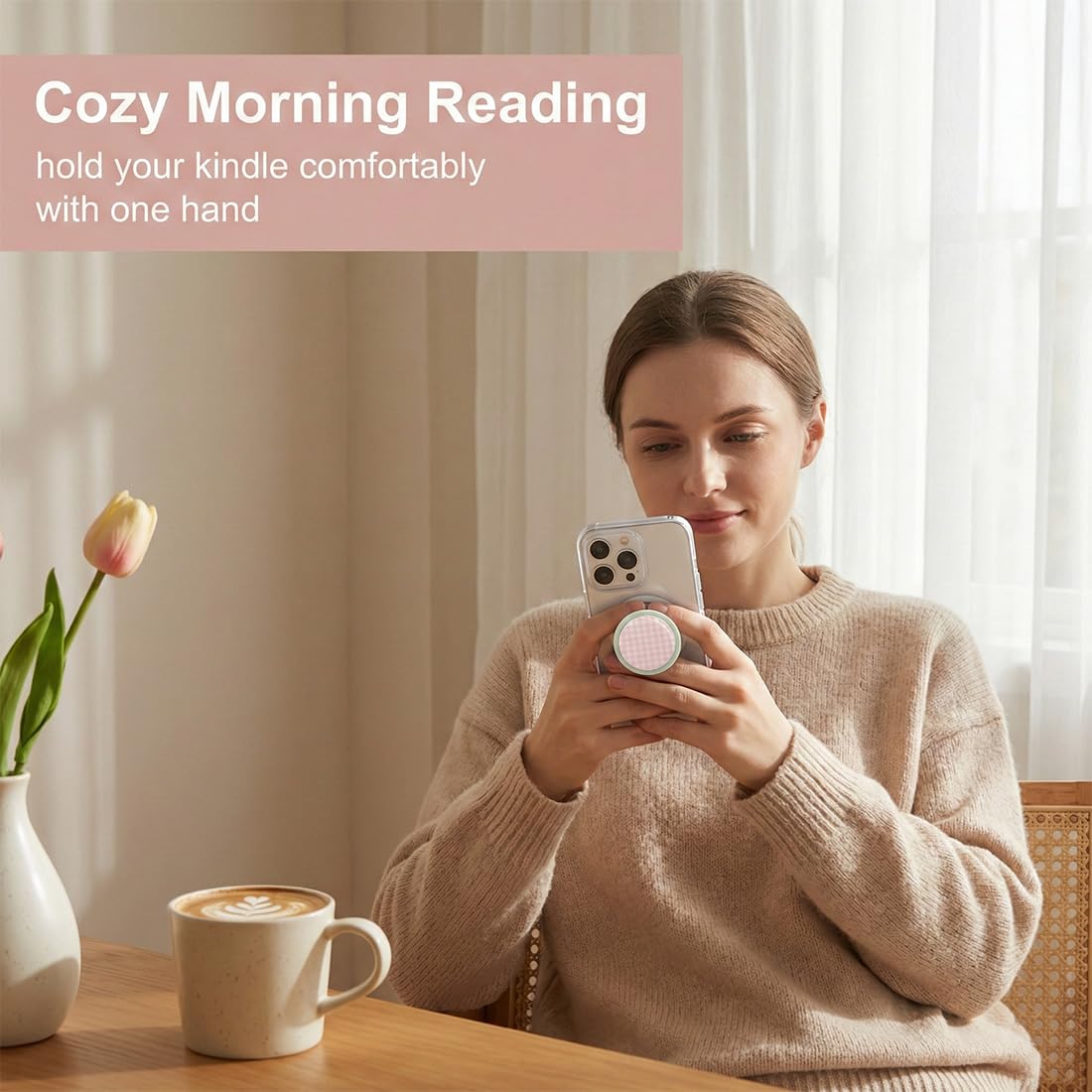 LEPGUYO Supporto Magnetico per Kindle Paperwhite, Design a Quadri Rosa & Maniglia Pieghevole MagSafe, Compatibile con Smartphone, Kindle & Tablet, Accessorio Telefono Premium - 4