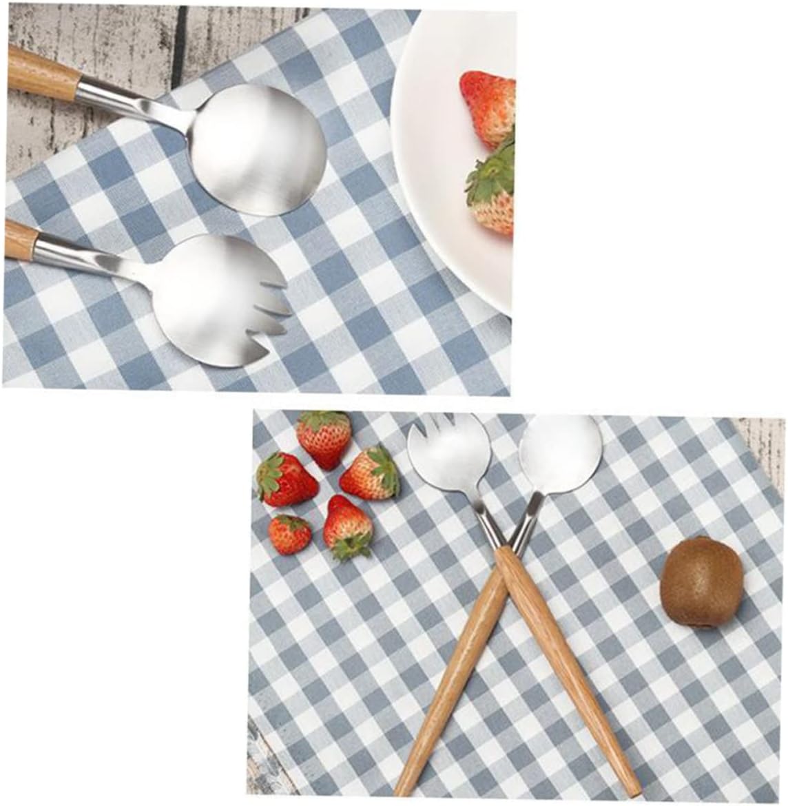 Dinner Forks, 2pcs Set Dinner Forks Wood Handle Salad Servers Salad Serving Utensils Spoon Cooking Utensils for Kitchen Tableware Bamboo Stainless Steel