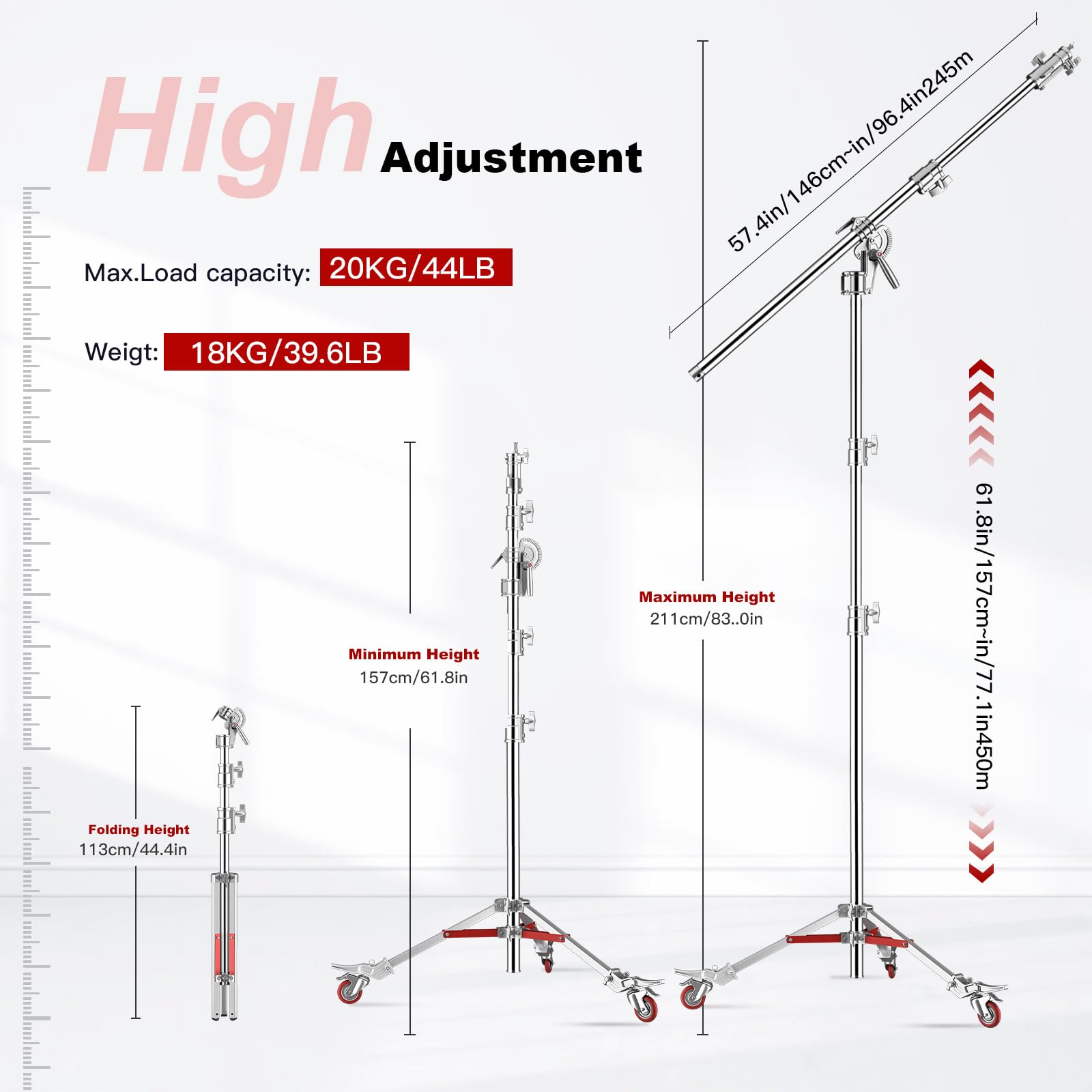 Soonpho Pro 100% stal szlachetna statyw świetlny C stojak z rolkami i szubienicą, metalowa podstawa Heavy C do dużych obciążeń, maks. wysokość 450 cm, wysokość po złożeniu 157 cm (15,1 stopy) do