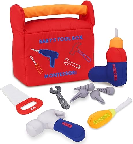 Miniatura 1 de Apriciti Mi primera caja de herramientas para bebé, incluye taladro eléctrico, sierra, llave, martillo, destornillador y tornillos para educación