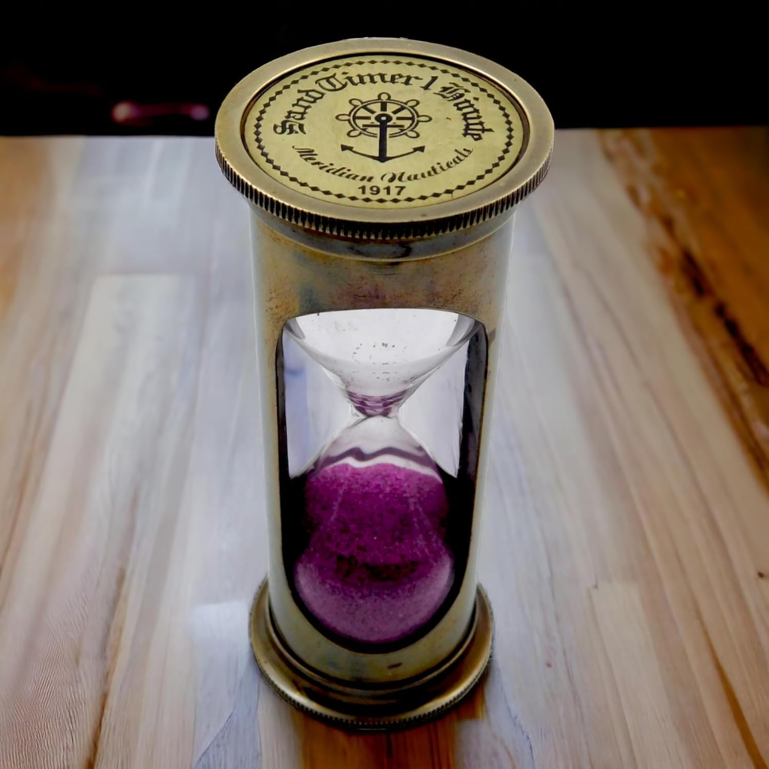 Antique Brass 1 Minute Sand Timer by Meridian Nauticals – Nautical Sandglass with Purple Sand | Vintage Maritime Hourglass | Desk Timer for Office, Home & Gifting