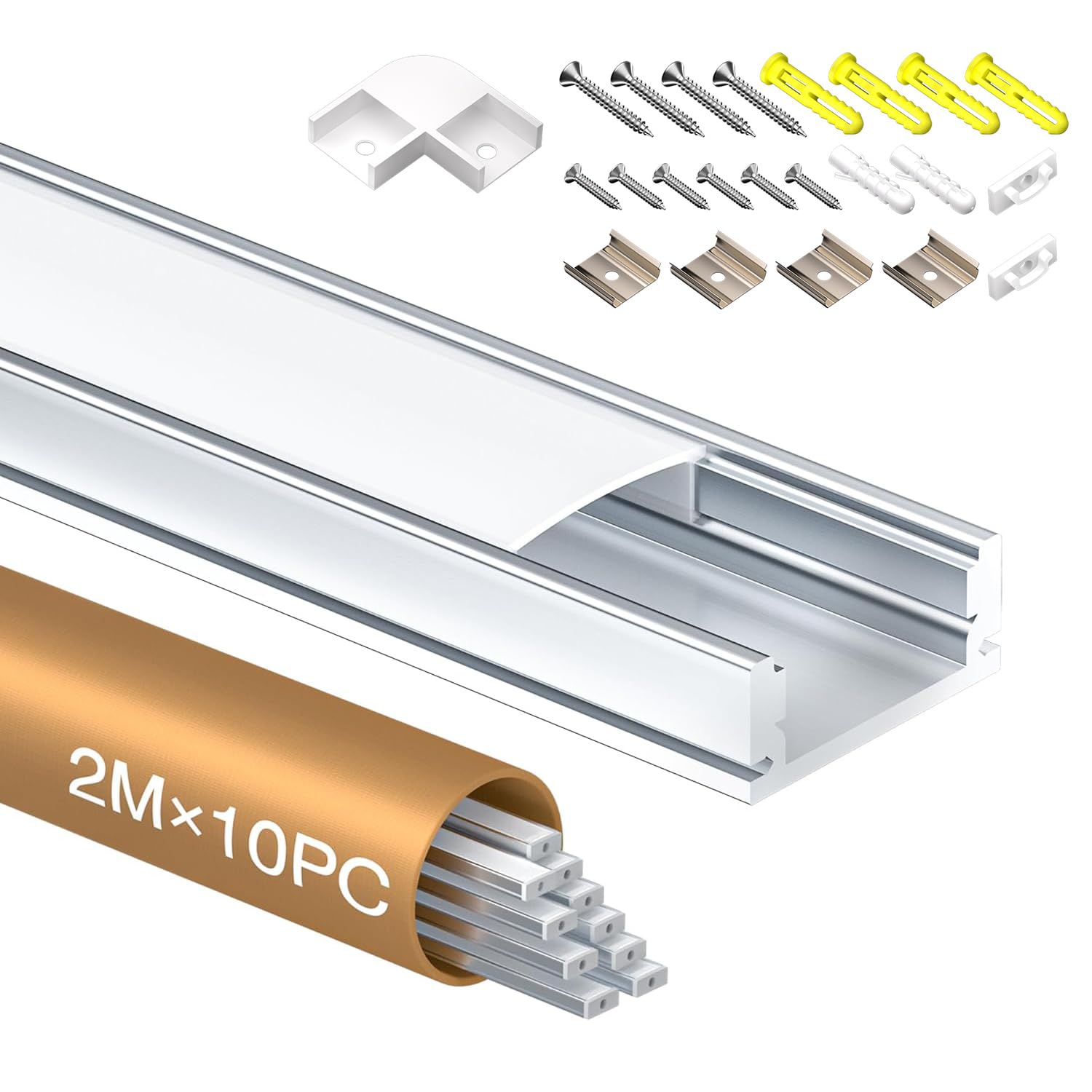 Shine Plus LED Profil U-Form 2m × 10 Stück, Schiene aus eloxiertem Aluminium, kanal für Streifen bis 12mm, diffusor für gleichmäßige Lichtverteilung (10×2 Meter)