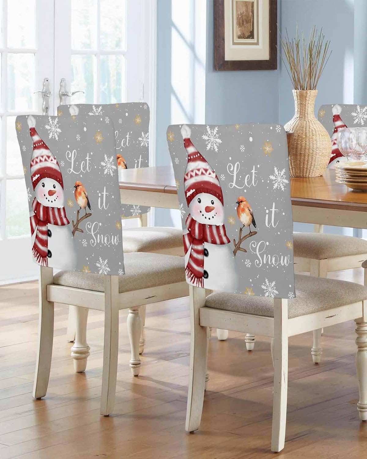 DecorLovee Red Plaid Snowman Christmas Chair Back Cover, Christmas Dining Chair Protector Covers, Xmas Snowflake Birds Chair Covers Removable Chair Slipcovers for Weeding Banquet Party 19"x20", 4 Pack