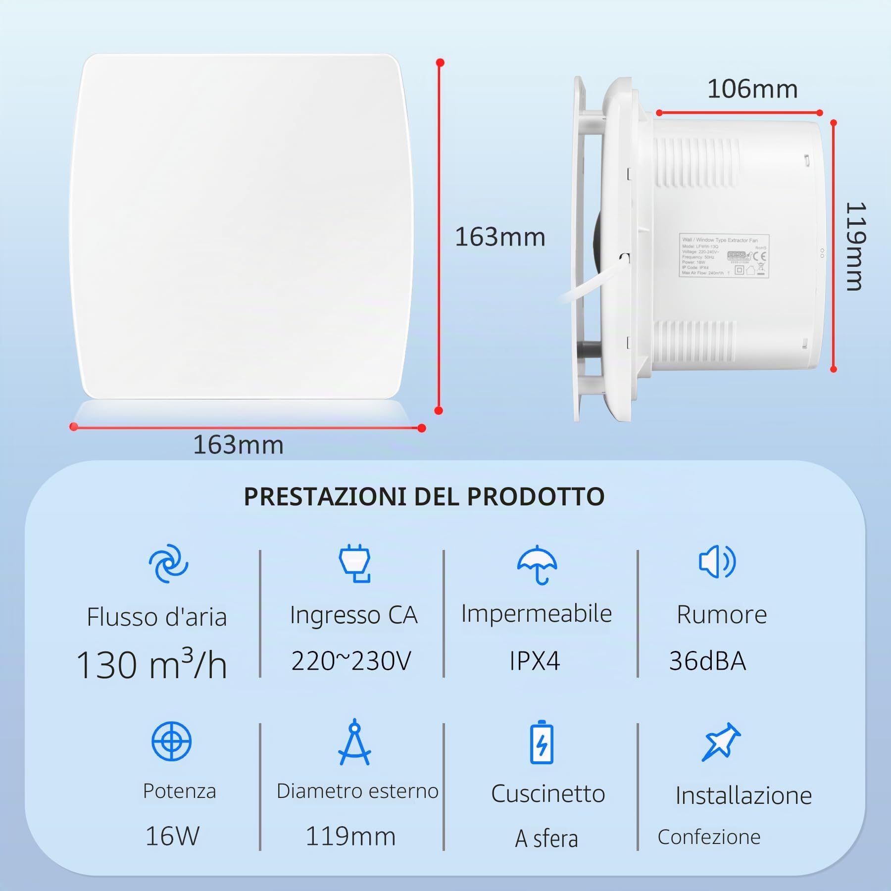 Ventilatore di scarico da cucina 120 mm 130 m³/h IPX2 silenzioso con valvola di controllo 1 m cavo UE