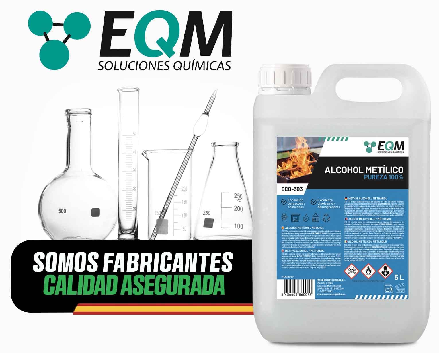 EQM - ECO-303 - Alcohol Metílico 99% Pureza - Metanol - 5L - Combustible de chimeneas y barbacoas - Disolvente industrial, desengrasante y limpiador de superficies