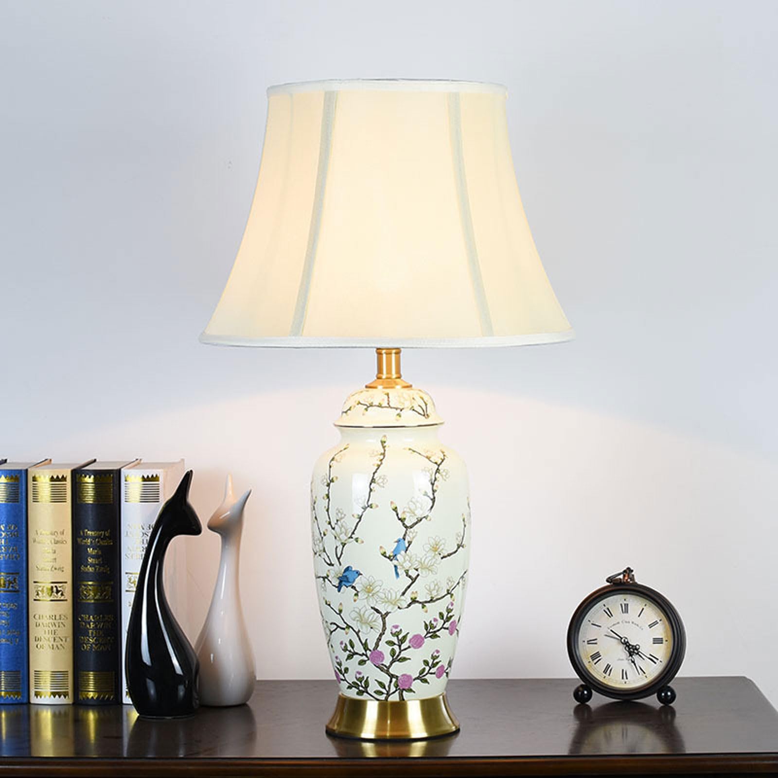 SGKOMN Flower & Bird Ceramic Table Lamp,Hand-Painted Chinoiserie Lamp, Fabric Lampshade Nightstand Lamp For Bedroom Living Room Office College Bookcase-B-L