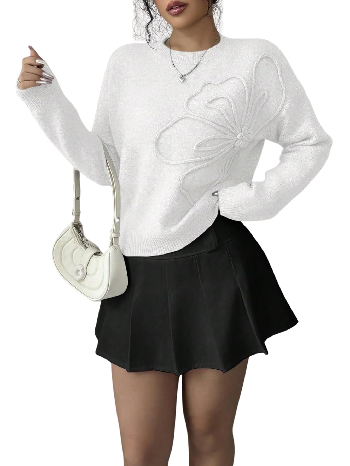 Verdusa Womens Fall 3D Flower Appliques Crewneck Holiday Sweaters Long Sleeve Drop Shoulder Pullovers Elegant Knit Tops