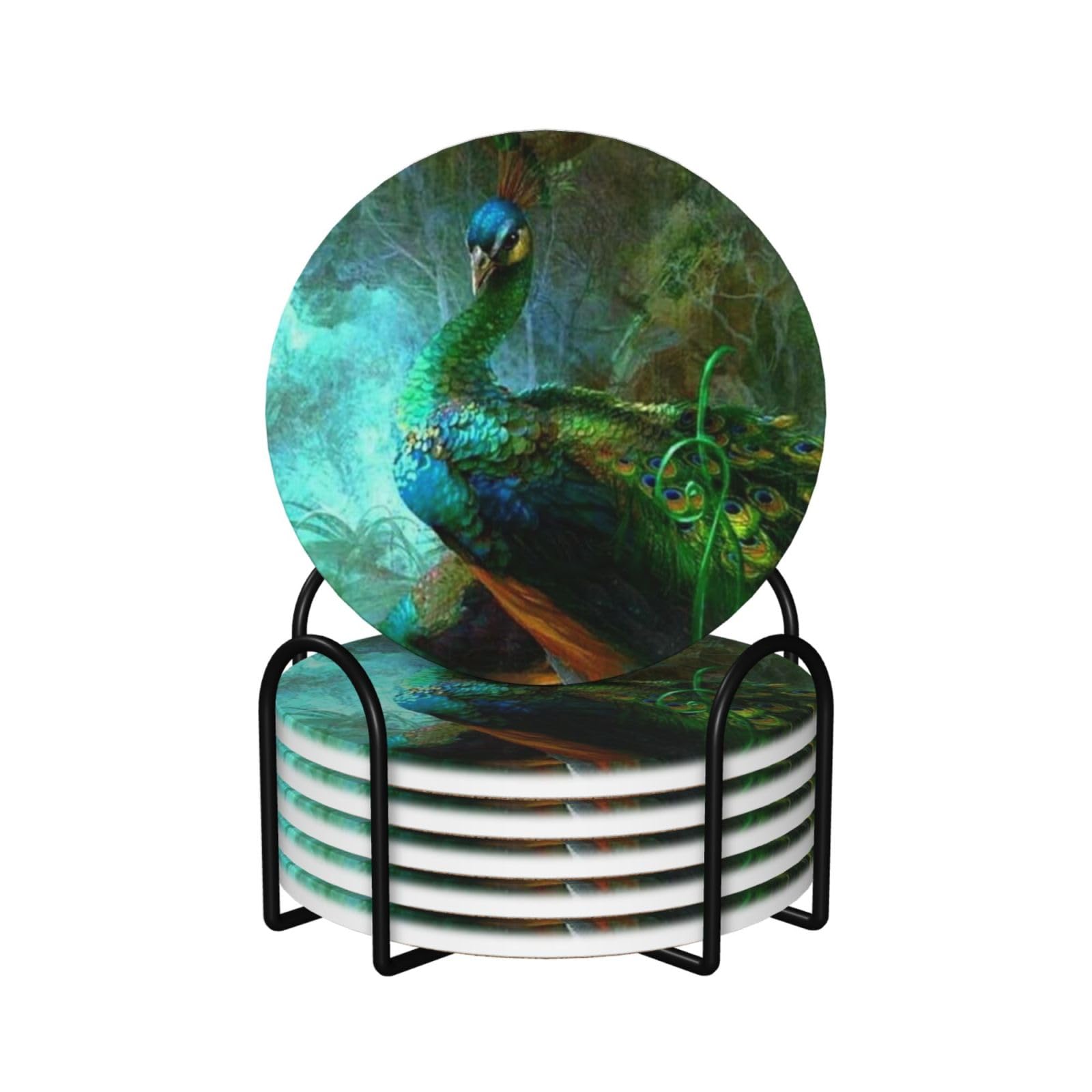 Set di 6 sottobicchieri decorativi in ceramica con stampa di pavone colorato