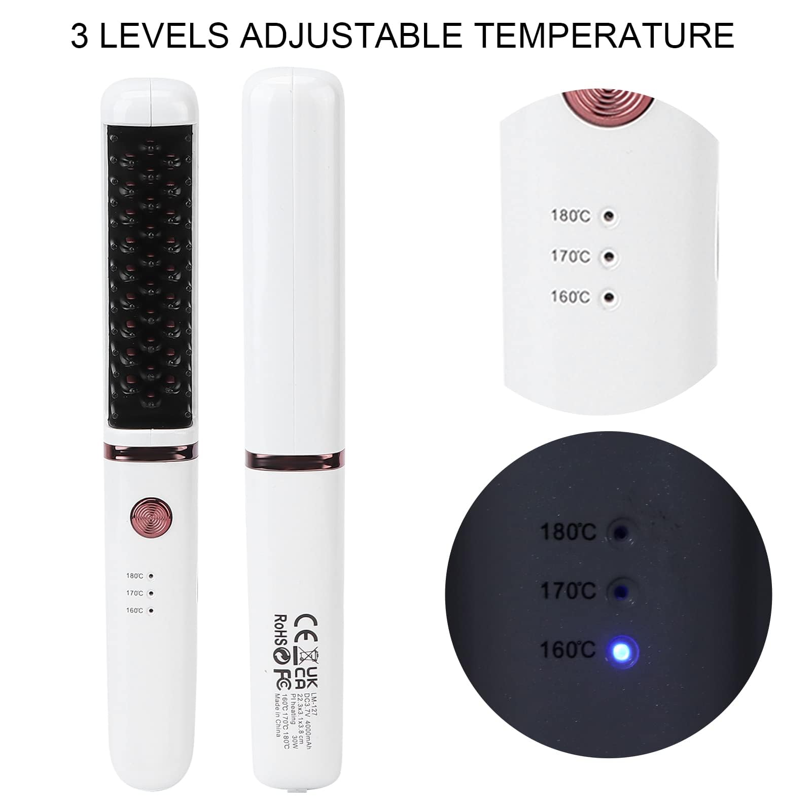 Mini Spazzola per Lisciare i Capelli Wireless con 3 Livelli di Temperatura Regolabili, Portatile e Ricaricabile