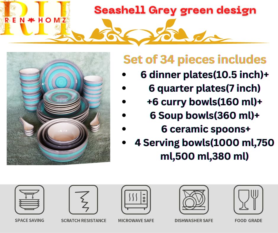 Image of Ceramic Dinner Set of 34 Pieces- Premium Seashell Collection | Chipproof Handpainted Stoneware Ceramic Set l | Lead and Cadmium Free,Food Grade Quality (34, Seashell Grey Green)