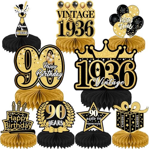 Refavor 90th Birthday Decorations - 9PCS 90th Birthday Party Decorations for Men Women Black Gold 90th Birthday Party Decor Happy 90 Years Old Party Vintage 1934 Honeycomb Centerpiece Table Decoration