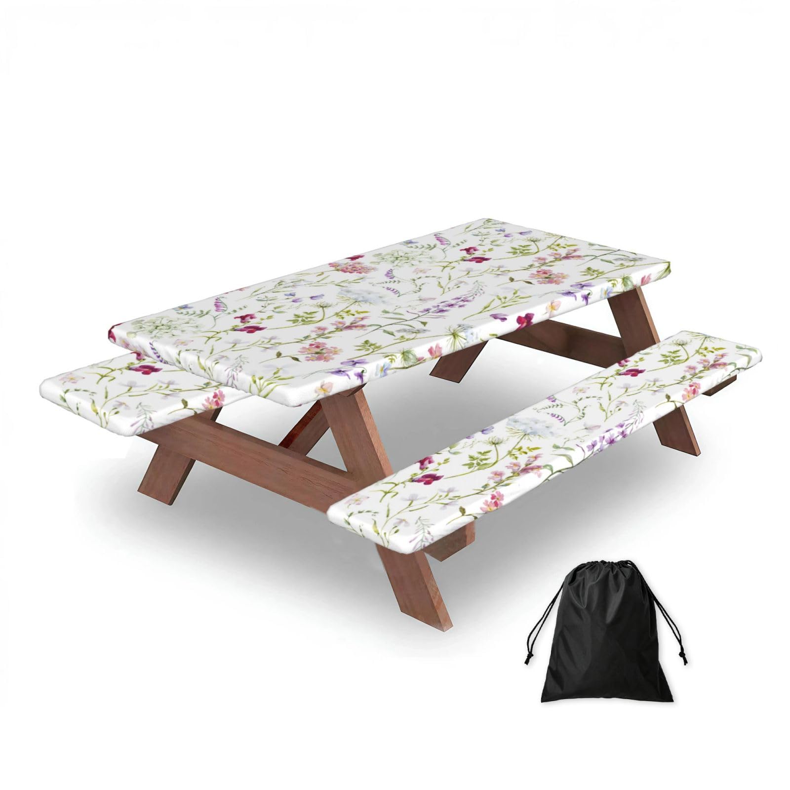 Dopklna As Picture Watercolor Floral Wildflowers, Picnic Table Cover With Bench Covers -Waterproof Elastic Fitted Tablecloth For Garden Camping Patio 76X152cm