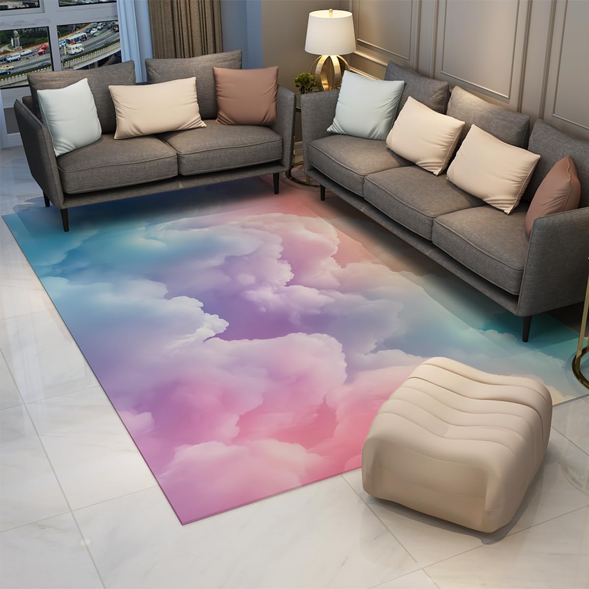 Rêve Pastel Nuage carpette 80x150cm coloré Violet Rose Ciel scène Fin Pliable à Poil Bas Lavable Grand antidérapant Appartement Chambre Enfant Douillet Tapis