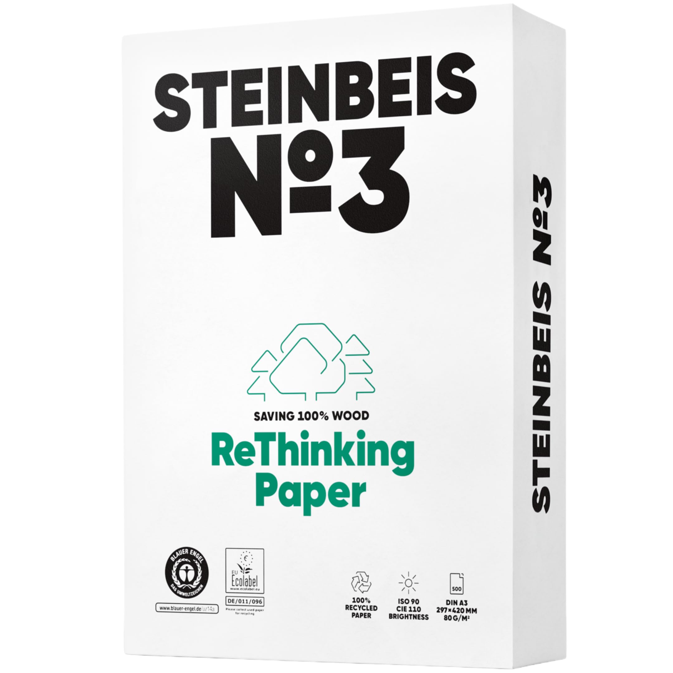 Steinbeis No. 3 Druckerpapier – 2500 (5 x 500) Blatt DIN A3 Recycling-Papier 80 g/m², Weiß & Chlorfrei, hochwertiges Kopierpapier ISO 90 / CIE 110