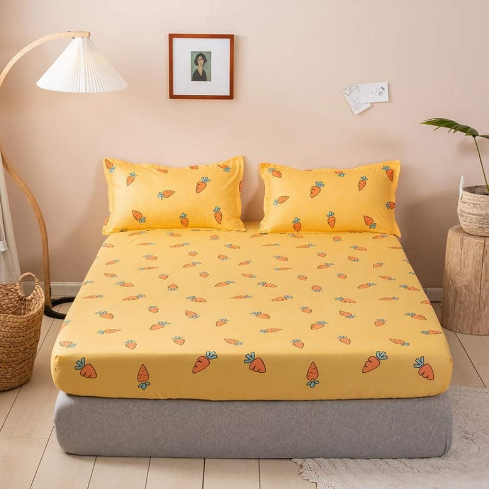 Kids Bed Sheet Set Cute Cartoon Carrot Fitted Sheet for Girls Children Bedroom Decor Queen Bright Yellow Bedding Set Soft Fresh Fruit Bed Cover with 2 Pillow Cases,Flat Sheet not Included