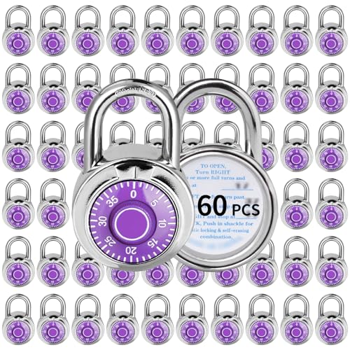 Image of Combination Lock, LQYN Standard Dial Combination Lock, Pack of 60; Purple Turnplate, 2 in. Wide, Fixed Three Digital Combination, for School, Gym & Locker, Toolbox, Gate
