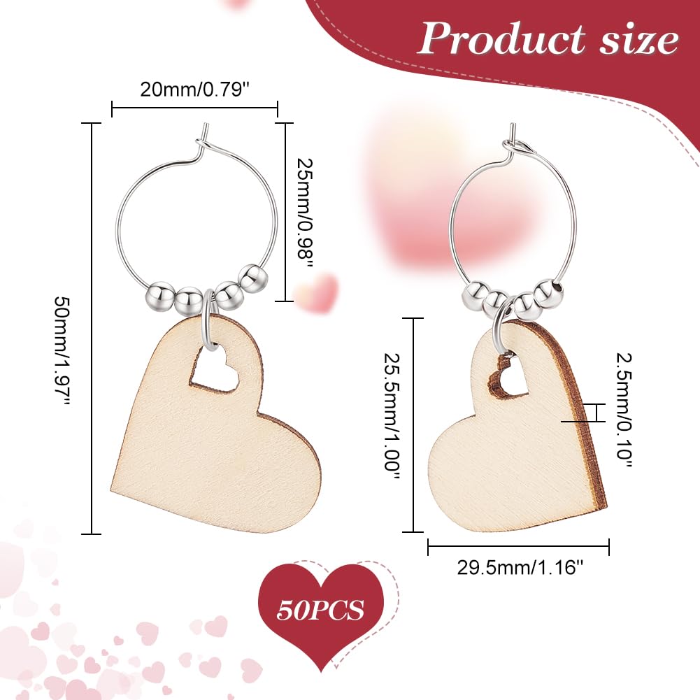 AHANDMAKER 50 Pcs Wine Glass Charms Wood Heart Drink Markers Glass Ring with Brass Hoop Drink Charms Party Decorations for Tasting Party Glass Identification Decoration