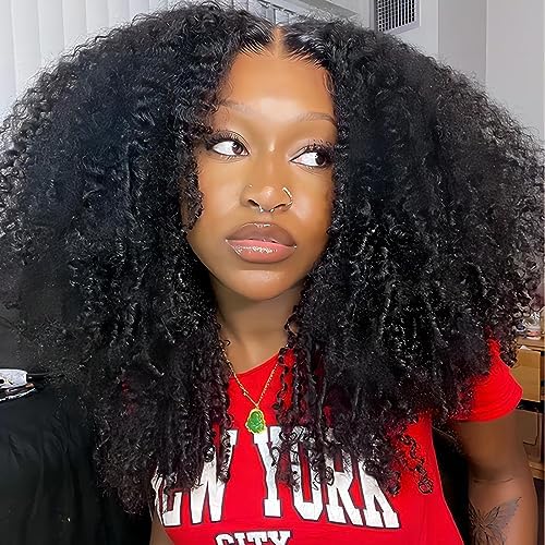 ISEE Wear and Go Glueless Wig Afro Kinky Curly Lace Front Wigs Human Hair 7x5 HD Lace Afro Curly Wigs for Women Lace Pre Cut Glueless Wigs Human Hair Pre Plucked 20 Inch