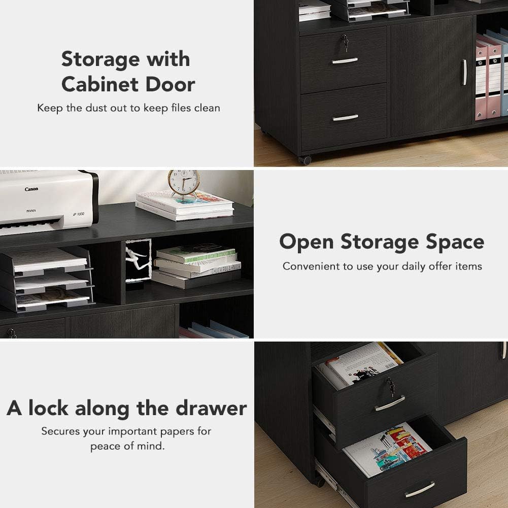Tribesigns Wood File Cabinet, 2 Drawer Storage Printer Stand, Mobile Lateral Filing Cabinet with Locks and Wheels, Open Storage Shelves for Study, Home Office (Black)