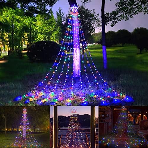 Christmas Lights Outdoor with Star Multicoloured, 350 LED 3.5m x 9 Strand Outdoor Christmas Tree Lights Xmas Lights Waterproof Outdoor Christmas Decorations Indoor Christmas Light for Garden Decor