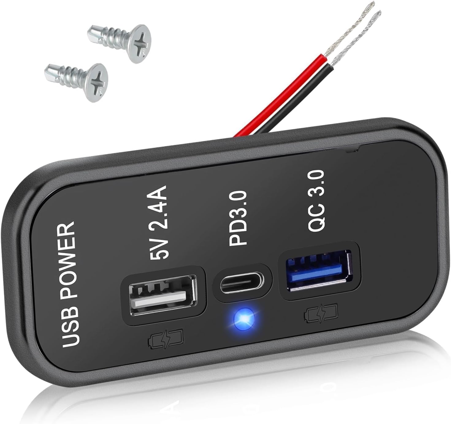 Linkstyle 3 Ports 12V USB Socket, 18W PD3.0 Type C & 18W QC3.0 & 2.4A USB A Charging Socket with LED Light for Car Boat RV