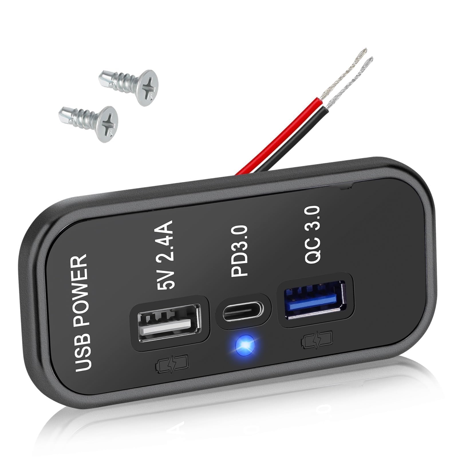 Linkstyle 3 Ports 12V USB Socket, 18W PD3.0 Type C & 18W QC3.0 & 2.4A USB A Charging Socket with LED Light for Car Boat RV