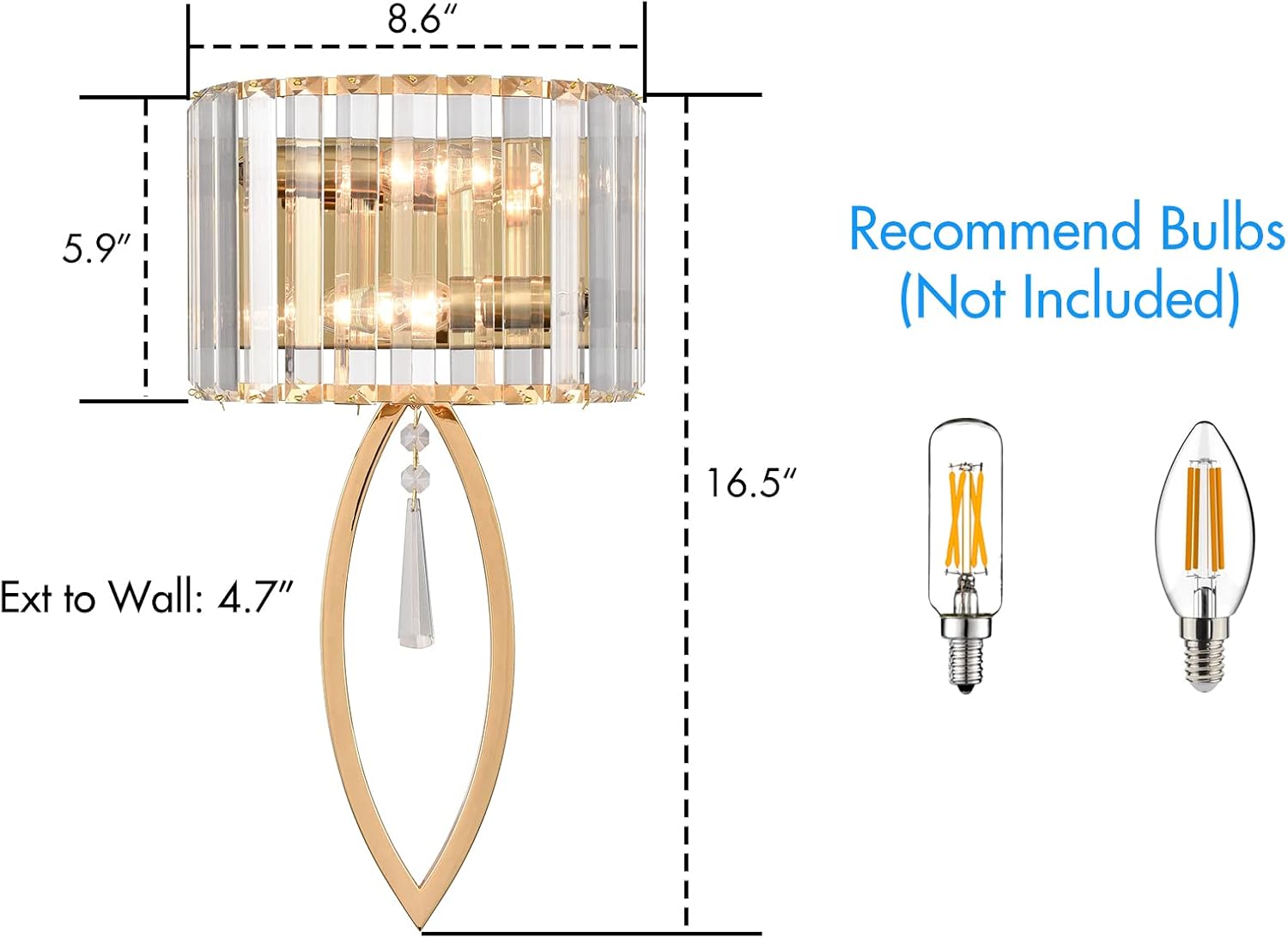 CLAXY Mid Century Wall Sconces, 2-Light Elegant Crystal Gold Wall Light for Bathroom Bedroom Hallway