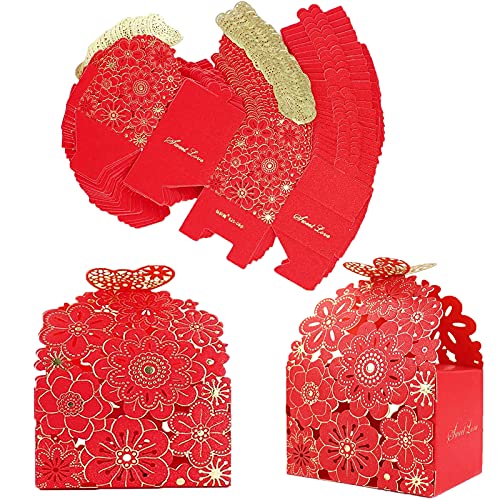 Boîte à Bonbons en Papier Creux, 50 Pcs Boîte à Dragées Rouge avec Motif à Fleurs et Papillon, Boîte à Bonbon Baptêmes, Boîtes Cadeaux Vides pour Mariage Baptême Anniversaire Noël, 7 * 6,5 * 8,5 cm