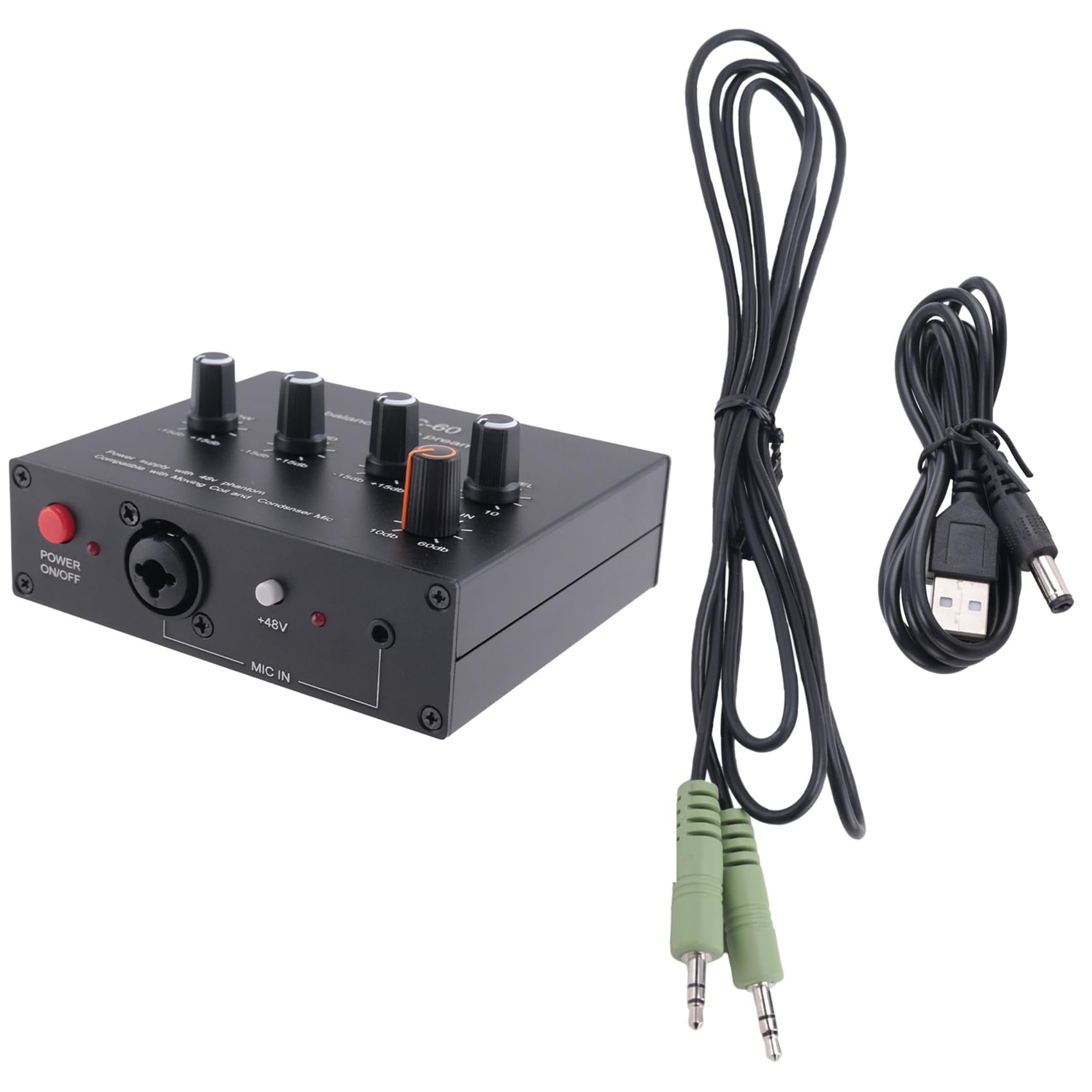 MIC-60 3-Band-Equalizer, Symmetrischer Mikrofonvorverstärker, Mikrofonvorverstärker mit Gleichstromkabel und Langlebigem 3,5-Mm-Kabel