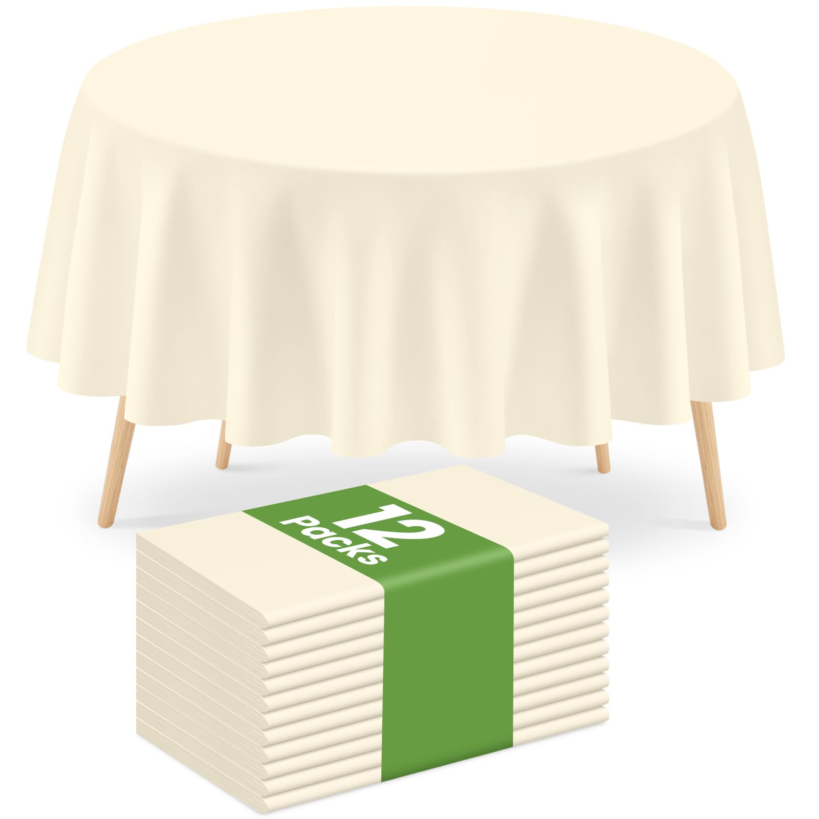 Mulbozy 12 Pcs Ivory Round Plastic Tablecloth Disposable 84 Inch, Beige