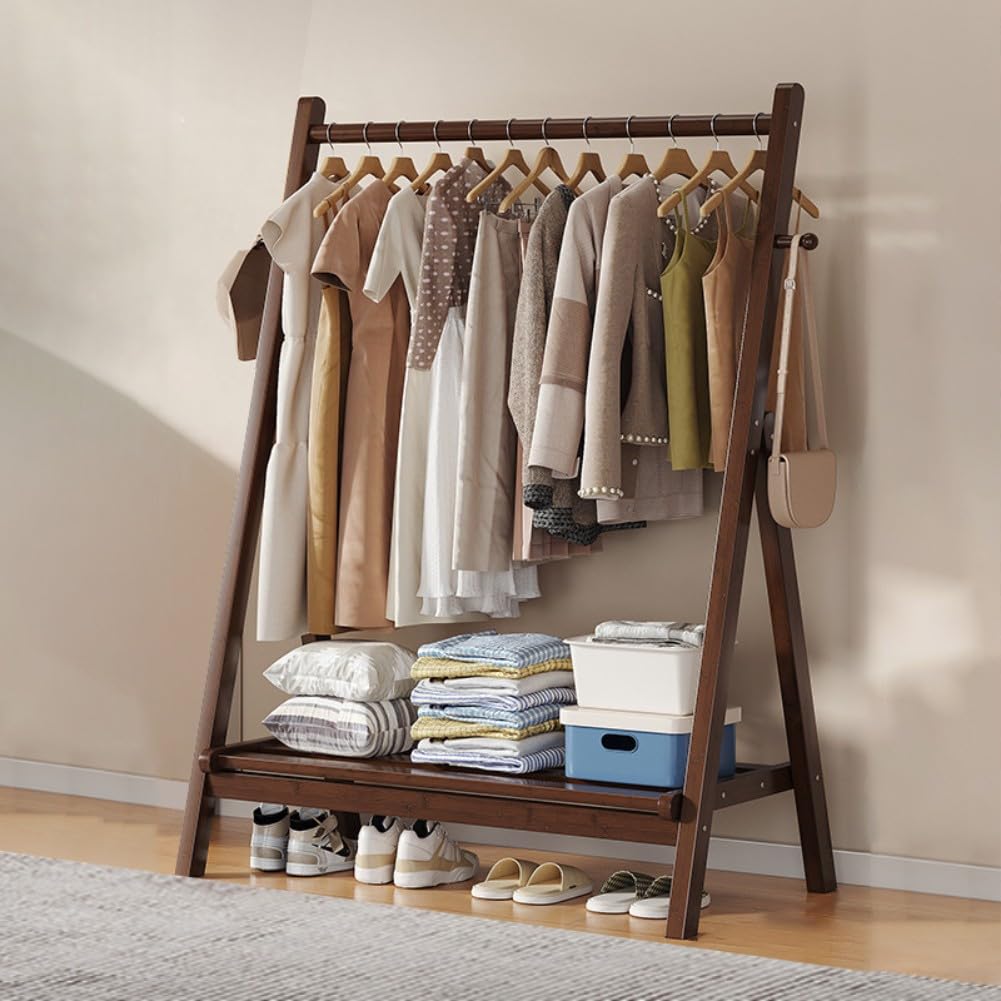 Dodobd B Foldable Wooden Clothes Rail - Hanging Rail For Clothes With Ottom Shelves For Storage,Sturdy Garment Rack,Coat Stand For Corridor Living Room Edroom Hallway, L : 60/80/100/120Cm