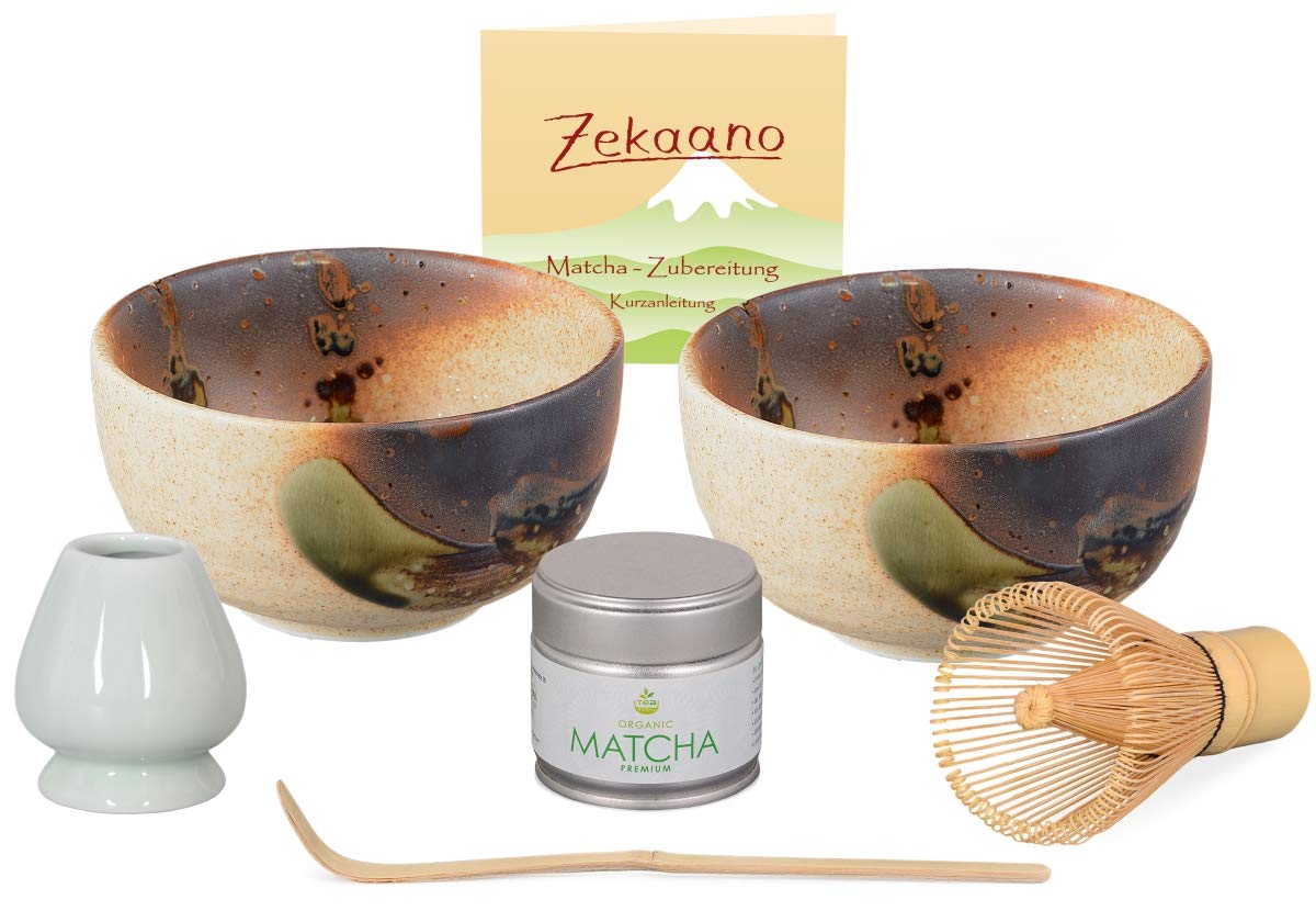 Aricola6 Piece Set Includes 2 Original Japanese Matcha Bowls, Traditional Beige/Brown, a Handmade Matcha Spoon, Light Green Matcha Broom, and an Organic Matcha Broom