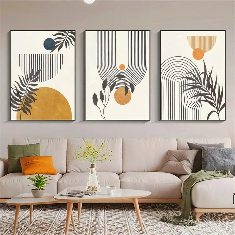 WUHBCZ Canvas Paints-Vintage Boho Posters Abstract Line Geometry Botanical Leaf Canvas Paintings Wall Art Pictures for Living Room Kitchen Office Home Decor-60 * 70cm/3PCS (No Frame)