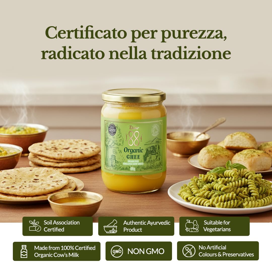Dabur 1884 Organic Cow Ghee | Grass-Fed Cow | Ghee – Burro Chiarificato per Cucina e Ayurveda | 230 g / 470 g / 850 g