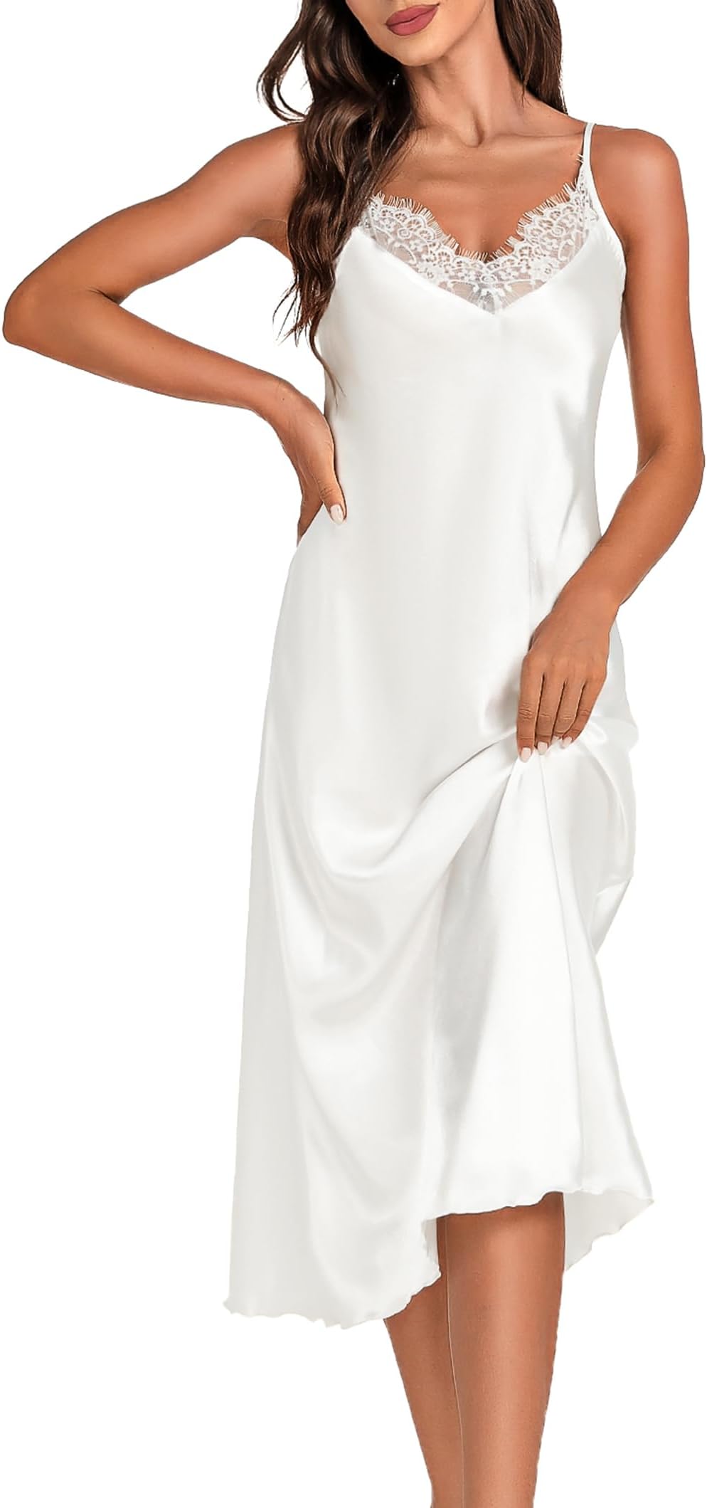 Womens Satin Long Nightgown Lace Trim Silk Lingerie Slip Dress Sexy Spaghetti Strap Nightdress
