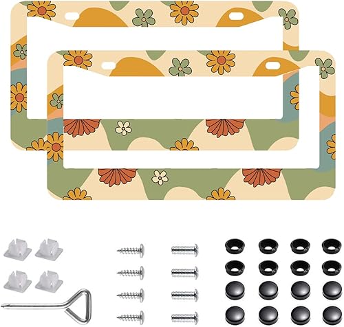 Miniatura 16 de Paquete de 2 marcos para placa de automóvil de acero inoxidable con tornillos, tapas y destornilladores, para mujeres y niñas, diseño de flores