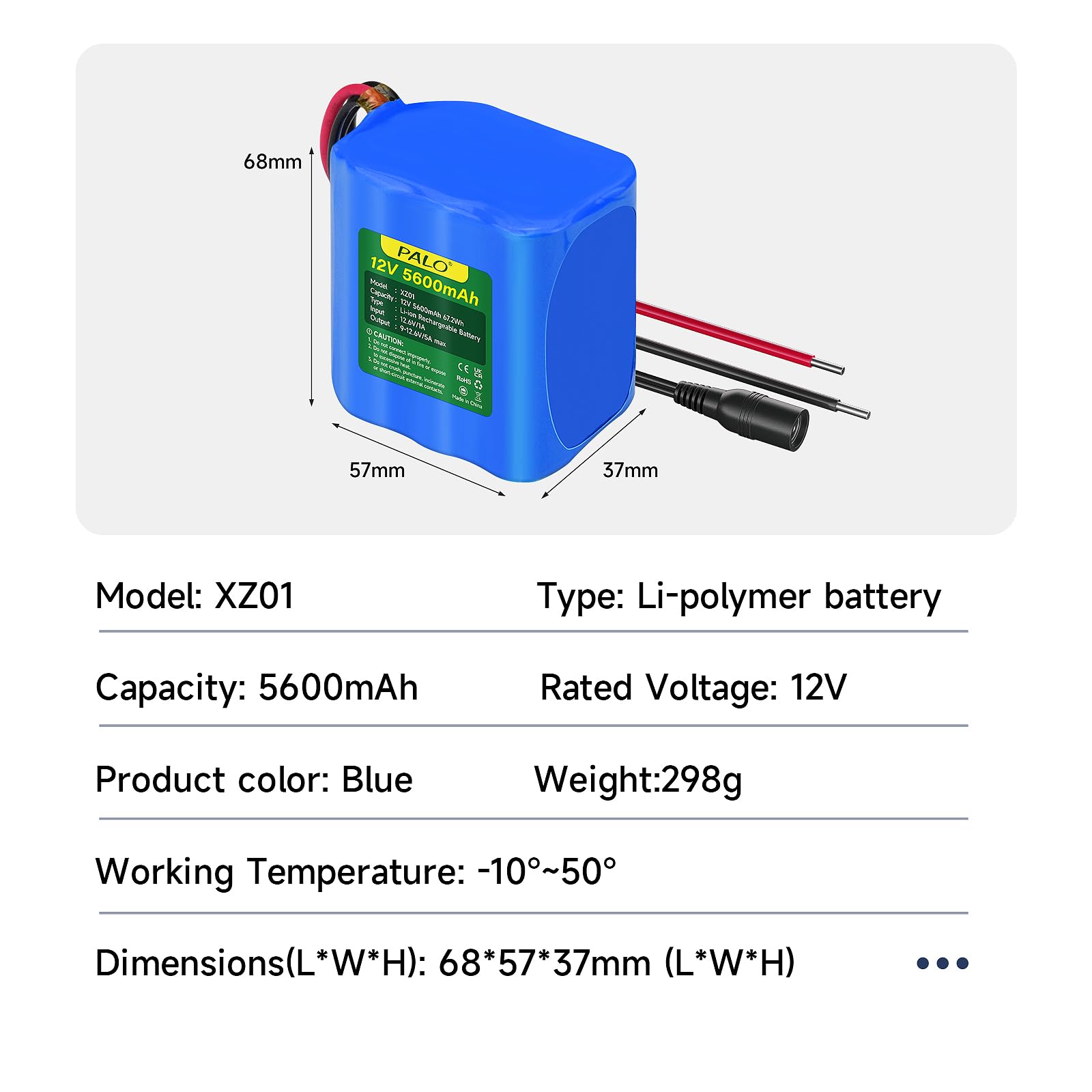 Batterie Lithium-ION 12 V 5600 mAh avec Chargeur et Ligne de Connexion pour Radio, appareils Photo, caméscopes, Orgue électronique, Lampe de Lecture DIY, télescopes, Sonar, Outil de Signal
