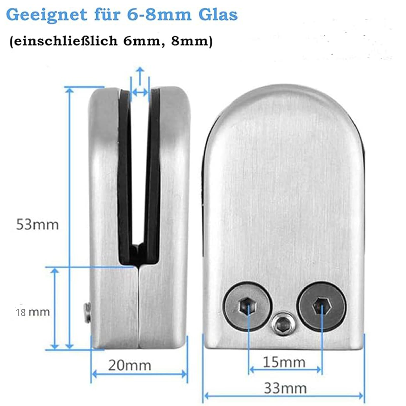 Balustrade Glashouder, roestvrij staal, 4 stuks, roestvrij staal, klemhouders, glashouder, aansluiting plat, voor glasdikte 6 mm-8 mm, met rubberen